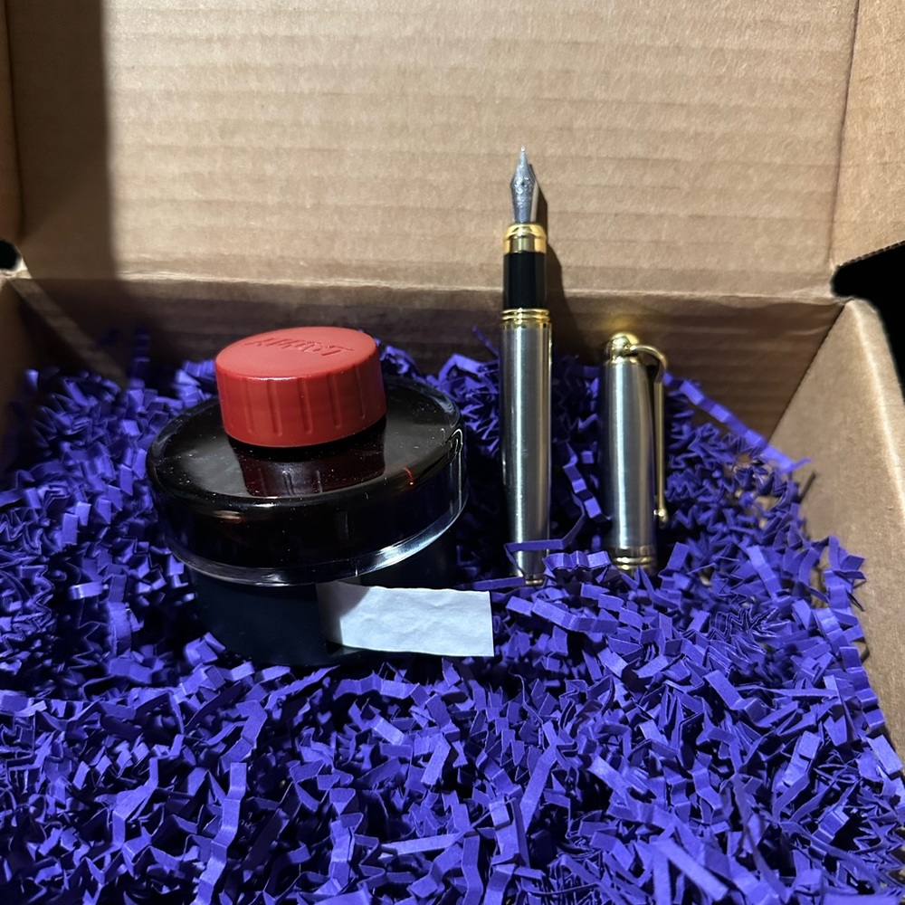 LAMY 50ml Red Ink in Glass Ink Well. With Refillable Ink Pen With cleaning wipes